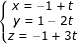 \small \dpi{80} \fn_jvn \left\{\begin{matrix} x= -1+t& & \\ y=1-2t & & \\ z=-1+3t& & \end{matrix}\right.